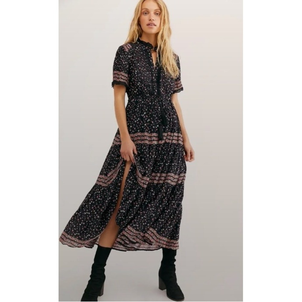 Free People Rare Feelings Black Maxi Dress XS Boho Western Cottagecore FLAWED